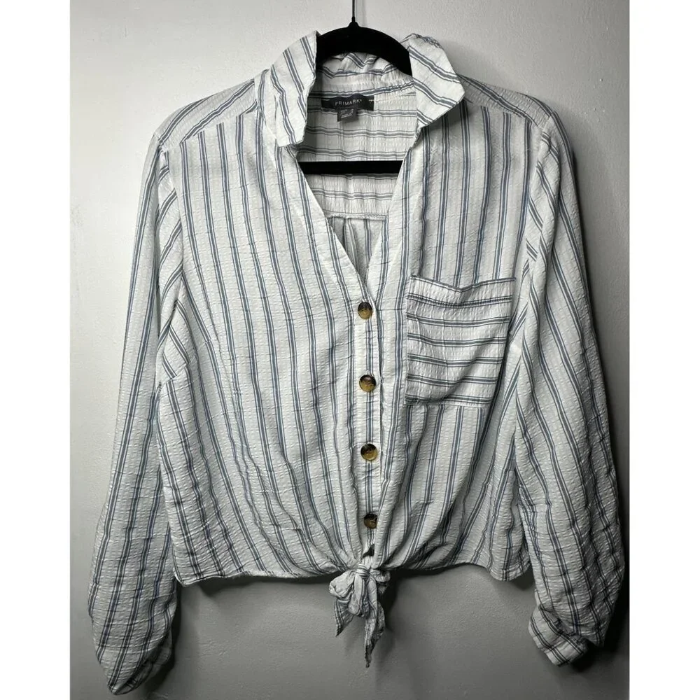 Primark Women’s Size 12 Linen Blend Blouse Striped Tie Front Coastal Lightcore - Picture 1 of 5